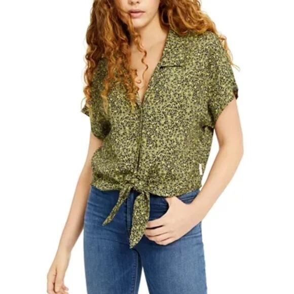 NWOT CALVIN KLEIN JEANS Top XL Green Black Geo Print Tie Hem Button - Picture 1 of 5